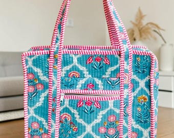 Cotton Quilted Zipper Tote Bag boho Travel Bag Block Print Shoulder Tote Bag Hand Bag For Women Shopping Tote Bags Overnight Bags Beach Bag