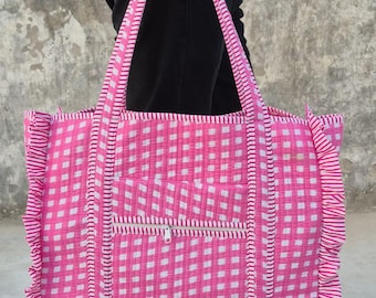 Block Print Cotton Quilted Tote Bag – Handmade Frill Shoulder Bag