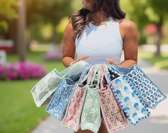 50Pcs Cotton Quilted Mini Tote Bag, Floral Printed Handbag Party Wear Bags, Women Beach Bag ,Block Print Shoulder Bag Wedding Gift Bag