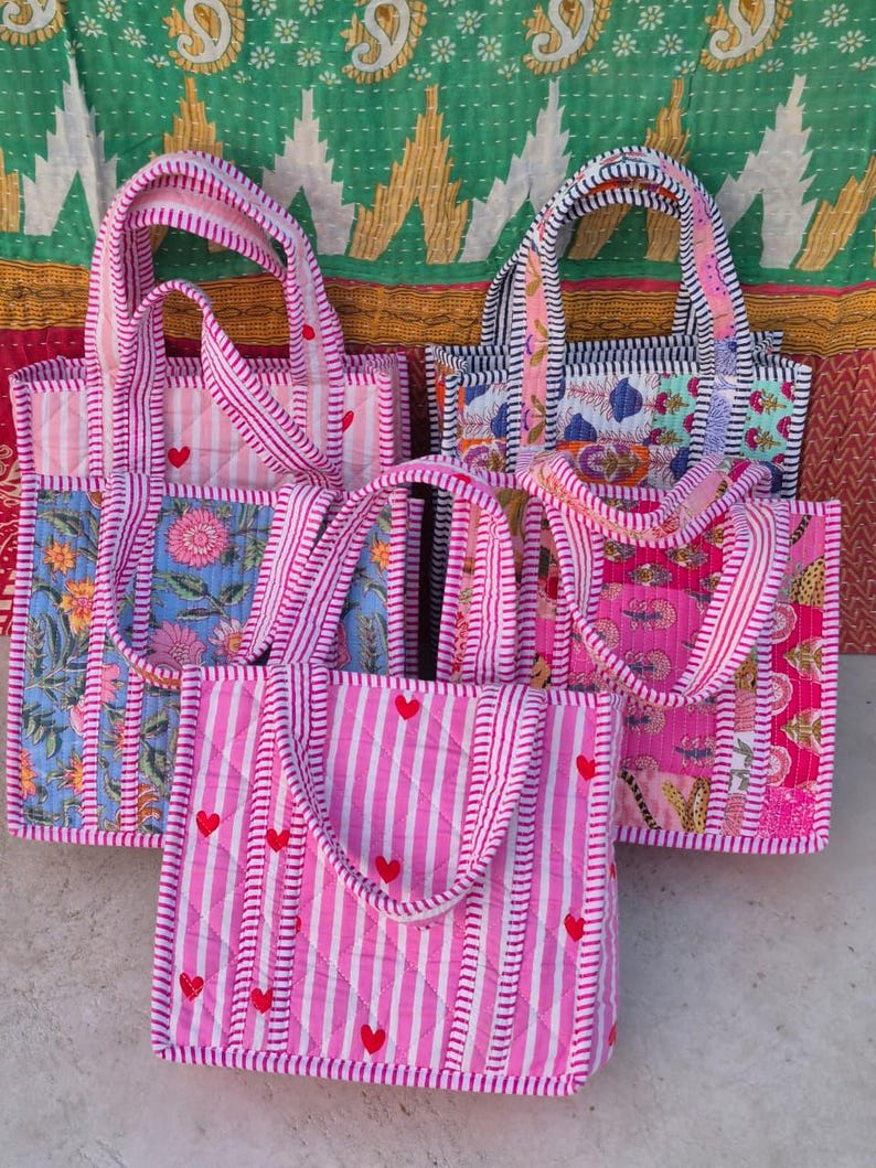 Quilted Cotton Mini Tote Bag, Block Print Small Handbag Everyday Tote Bag, Aesthetic Tote Bag, Floral Tote Bag for Women Gift bag Assorted color