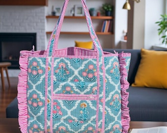 Cotton Quilted Frill Tote Bag, Block Print Tote Bag for Women, Boho Travel Bag, Handmade Shoulder Purse, Large Floral Weekender, Bridesmaid