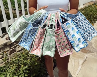 Quilted Cotton Block Print Tote Bag, Floral Mini Handbag, Rajasthan Handmade Bag Women Beach Tote Bag Gift Bag