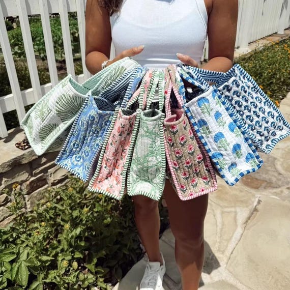 Quilted Cotton Block Print Tote Bag, Floral Mini Handbag, Rajasthan Handmade Bag Women Beach Tote Bag Gift Bag
