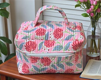 Large Quilted Cotton Train Vanity Makeup Bag, cute quilted makeup bag, Boho Travel Makeup Cosmetic Pouch, Vintage Quilt Makeup Bag Gift