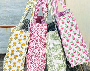 Quilted Cotton Block Print Tote Bag, Floral Mini Handbag, Rajasthan Handmade Bag Women Beach Tote Bag Gift Bag, Shopping Handbag