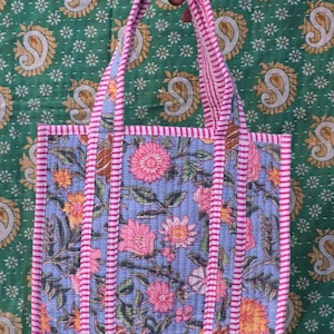Quilted Cotton Mini Tote Bag, Block Print Small Handbag Everyday Tote Bag, Aesthetic Tote Bag, Floral Tote Bag for Women Gift bag color-12
