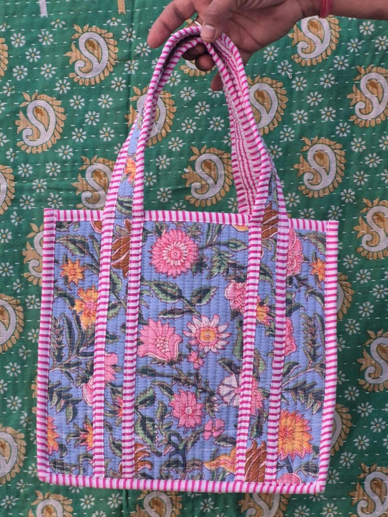 Quilted Cotton Mini Tote Bag, Block Print Small Handbag Everyday Tote Bag, Aesthetic Tote Bag, Floral Tote Bag for Women Gift bag color-12