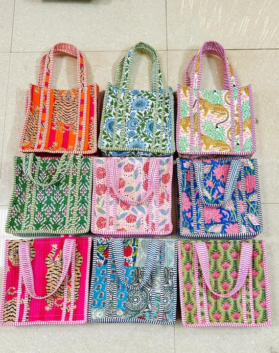 50Pcs Cotton Quilted Mini Tote Bag, Floral Printed Handbag Party Wear Bags, Women Beach Bag ,Block Print Shoulder Bag Wedding Gift Bag