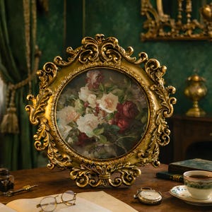 May include: A gold-framed floral painting with red and white flowers sits on a wooden desk. An open book, glasses, a cup of coffee, and a pocket watch are also on the desk. A lamp and green curtains are in the background.