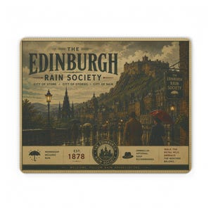 Pode incluir: Um tapete de rato retangular com uma ilustração de estilo vintage de Edimburgo e um castelo numa colina. O texto diz THE EDINBURGH RAIN SOCIETY, EST. 1878, CITY OF STONE, CITY OF STORIES, CITY OF RAIN, com ícones de guarda-chuvas.