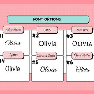 May include: A pink background with a grid pattern displays six font options for the name "Olivia." Each option is presented on a white rectangle with a different font style. The text "FONT OPTIONS" is at the top. Font names are labeled above each option.