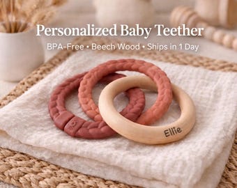Personalized Baby Rattle | BPA-Free Silicone & Beech Wood Teething Ring Rattle | Custom Name Baby Shower Gift | Neutral Baby Toy