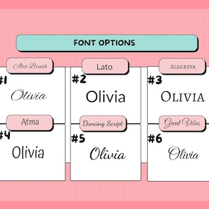 May include: A pink background with a grid pattern displays six font options for the name "Olivia." Each option is presented on a white rectangle with a different font style. The text "FONT OPTIONS" is at the top. Font names are labeled above each option.