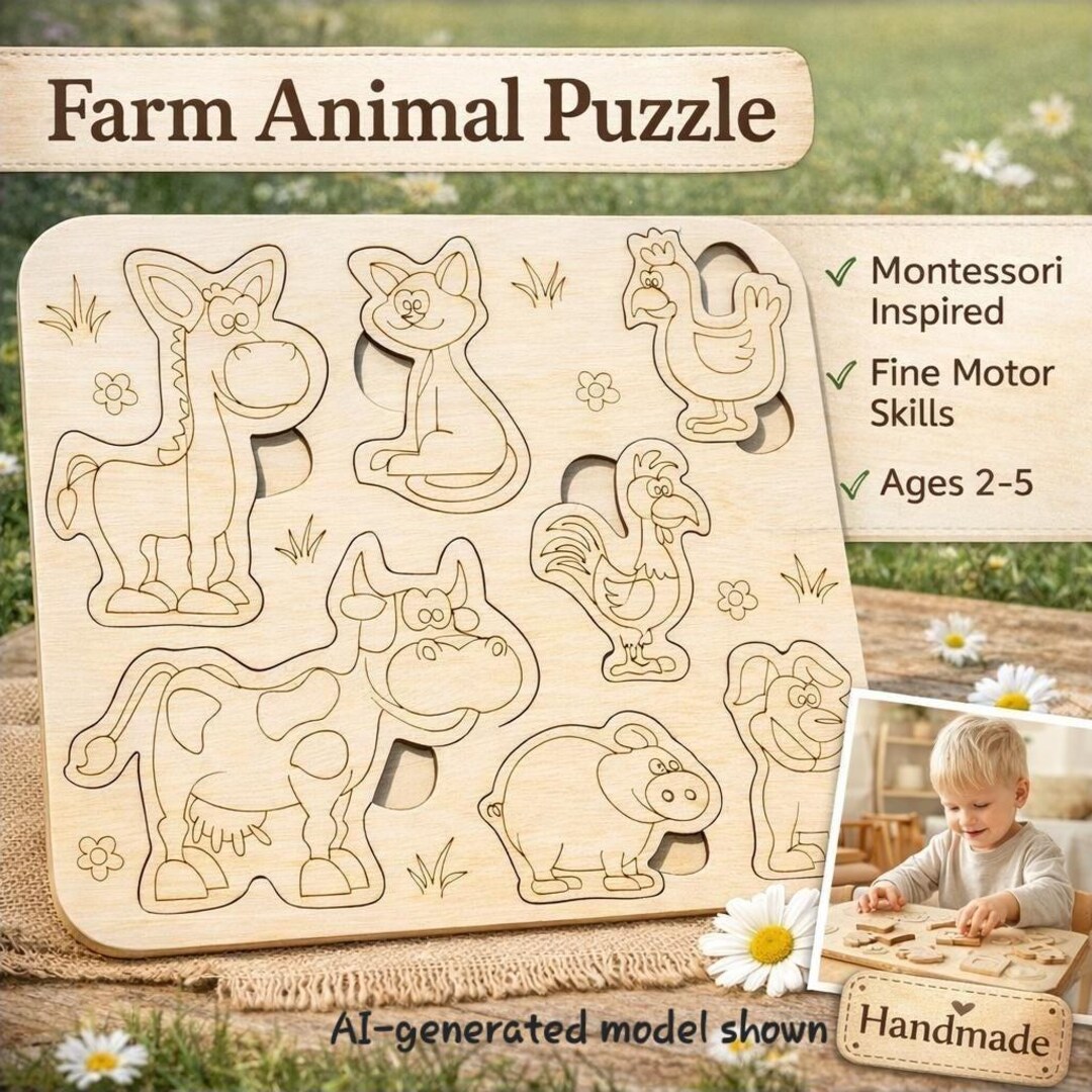 Wooden Farm Animal Puzzle | Montessori Fine Motor Skills Toy (11x8 Inch ...