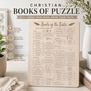 May include: A rectangular wooden board featuring an engraved list of the Books of the Bible, categorized into Old and New Testament sections. The text includes headers like Law, History, Poetry, Major Prophets, Minor Prophets, Gospels, and Paul's Letters.