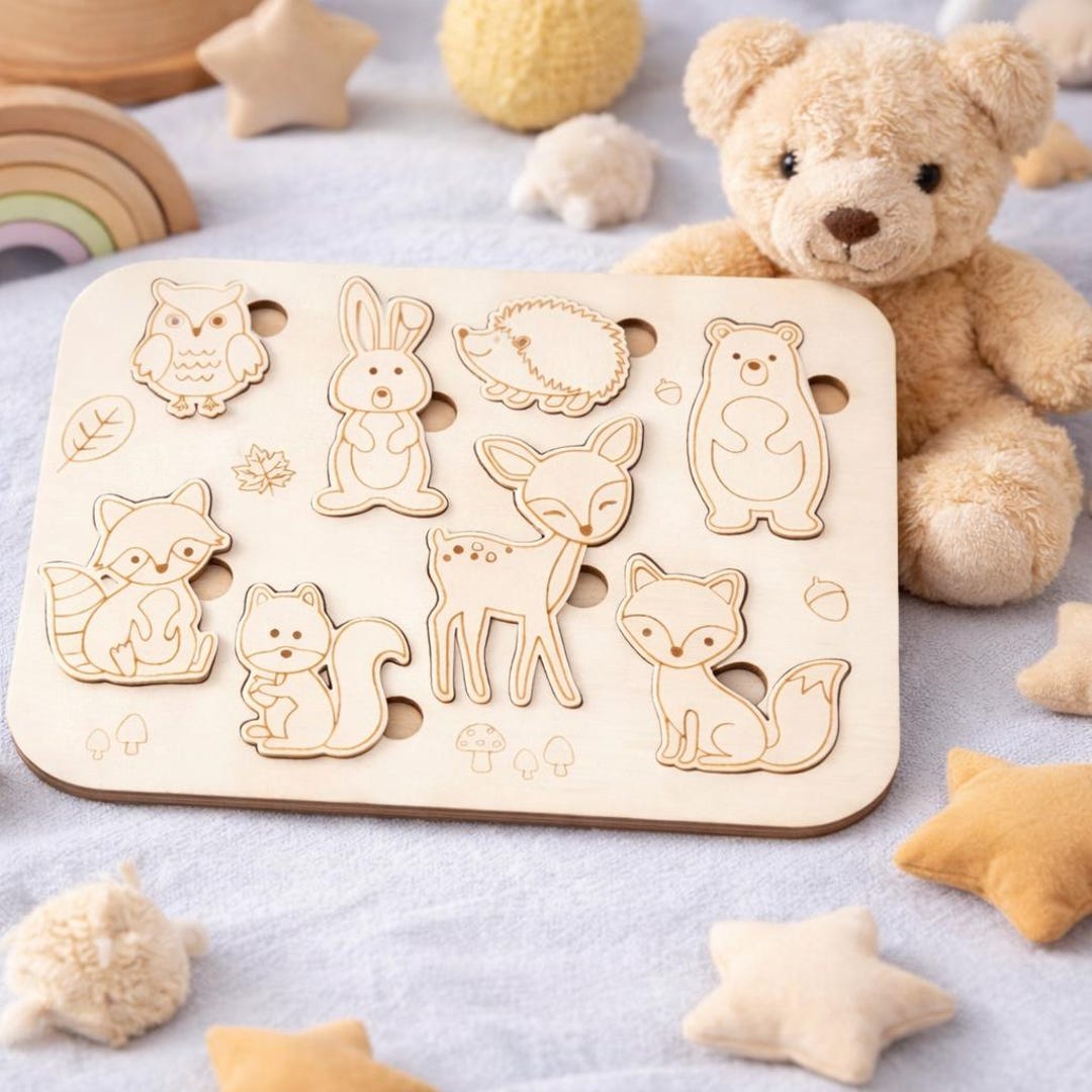 Montessori Woodland Animal Puzzle | Natural Wood Baby Toy, Fine Motor ...