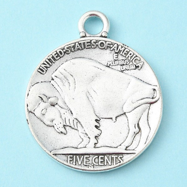 Buffalo Nickel Charms or Pendants, 40mm, Antique Silver, pack of 6