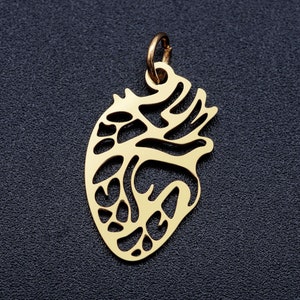 Anatomical Organ Heart Shape Filigree Charm, Gold or Silver, Stainless Steal with Unsoldered Jump Rings, pack of 2