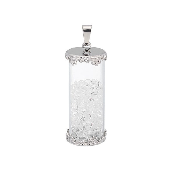Glass Tube Pendant with Crystals inside, 1.5 inches tall, Silver Stainless Steel Findings, 1 pendant