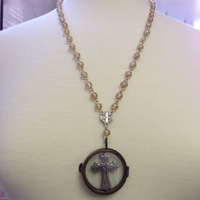 Floating Cross Rosary Shadowbox Necklace Champagne Glass Etsy