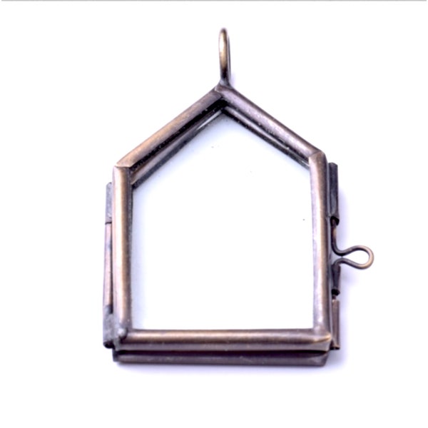 Glass Locket Pendants - Photo Frame 2" House Church Triptych Hinged Ornament. First Christmas in Our New Home, Ant Gold or Silver. Pack of 6