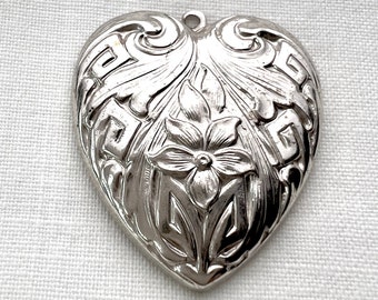 Vintage Sterling Silver Heart Charm: Brocade Repousse, Made in USA