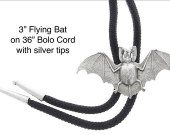 Bat Bolo Tie, Antique Silver bolo on black woven 36" cord, Silver Bolo Tips, Gift Boxed, HandMade in USA, FREE Shipping, Each