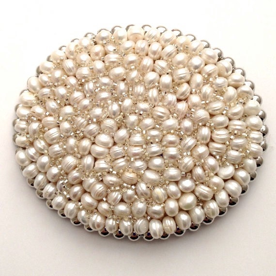 Oval Freshwater Pearl Belt Buckle Ivory Pearls on Silver Buckle