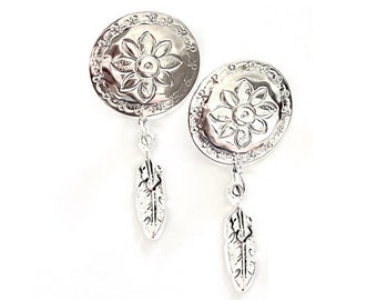 Concho and Feather Earrings: Silver Tone, 2.5" Drop