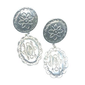 Southwestern Concho Pierced Dangle Earrings: Oval & Round in New Silver, 2.75", Made in USA, Gift bagged