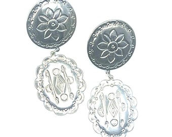 Southwestern Concho Pierced Dangle Earrings: Oval & Round in New Silver, 2.75", Made in USA, Gift bagged