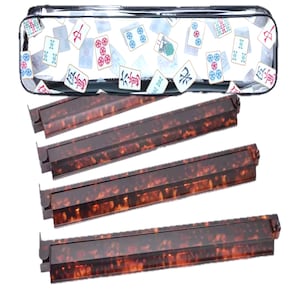 May include: A set of four rectangular racks with a brown tortoise shell pattern and a clear rectangular storage bag featuring a printed pattern of Mahjong tiles. The text "Set of 4 Tortoise Racks with Rack Bag" is displayed above the items.