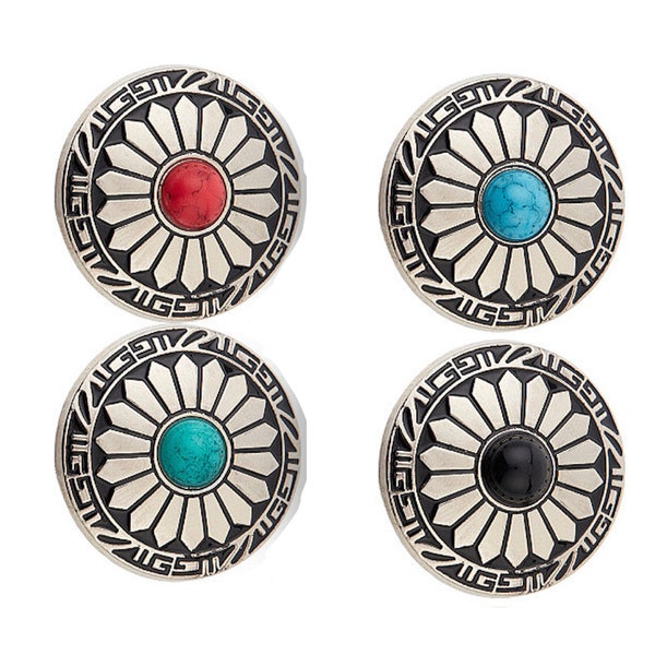 Western Concho 30mm with Turquoise, Red, or Black stones, Round Silver, screw back, Traditional Native American Sunflower Design, pack of 2