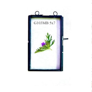 May include: A black metal picture frame with a glass front. The frame is 5x7 inches and has a small purple flower inside. The frame has two metal rings at the top and a metal latch on the side.