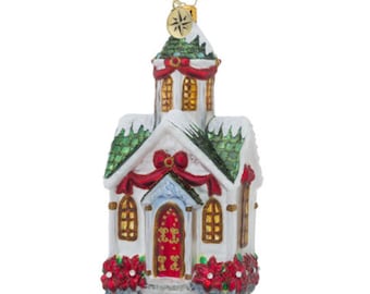 Christopher Radko 1018545 "Beautiful Bethel" Christmas Ornament, White Church Chapel, Retired, mint condition, 2016, original tag & box