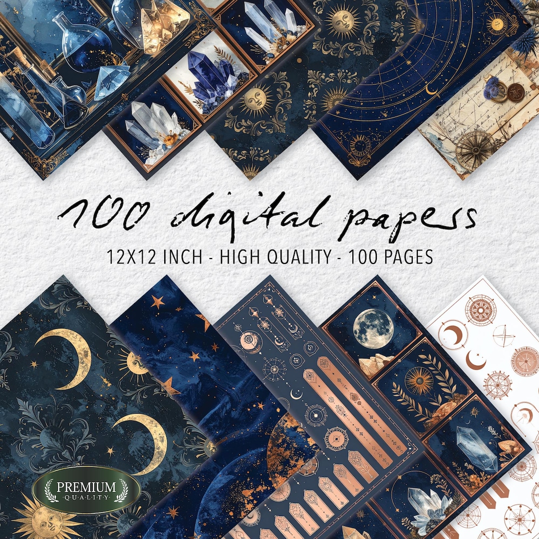 100 Celestial Digital Paper, Galaxy Scrapbook Pages, Gold Moon and ...