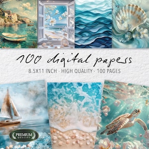 100 Coastal Breeze Digital Paper, Ocean Serenity Junk Journal Pages, Summer Beach Scrapbook Backgrounds, Nautical Art Kit 8.5x11