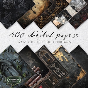 May include: A collection of 100 digital papers, each 12x12 inches, with high-quality designs. The papers feature a variety of dark, vintage-inspired patterns, including ornate frames, keys, and aged textures. The color palette includes black, gold, and brown tones.