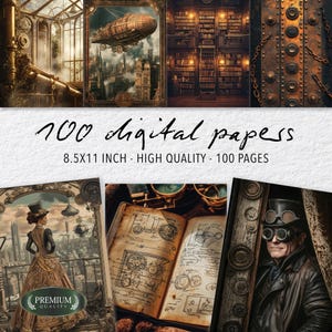 以下が含まれることがあります： スチームパンクをテーマにしたデジタルペーパーのコレクション。画像には、ツェッペリン、図書館、スチームパンクの衣装を着た人物など、さまざまなイラストが描かれています。「100デジタルペーパー」と「8.5x11インチ-高品質-100ページ」と書かれています。