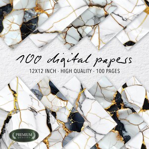 Può includere: Una collezione di 100 carte digitali con un design marmorizzato. Le carte presentano motivi marmorizzati bianchi, neri e grigi con dettagli dorati. Il testo sull'immagine recita "100 carte digitali" e "12x12 pollici - alta qualità - 100 pagine."