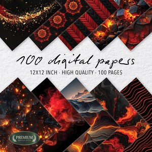 May include: A selection of 100 digital papers, each 30.48cm x 30.48cm, with high-quality designs. The papers showcase diverse patterns in black, red, and orange, including geometric shapes, floral motifs, and abstract textures. The words "100 digital papers" are written in cursive.