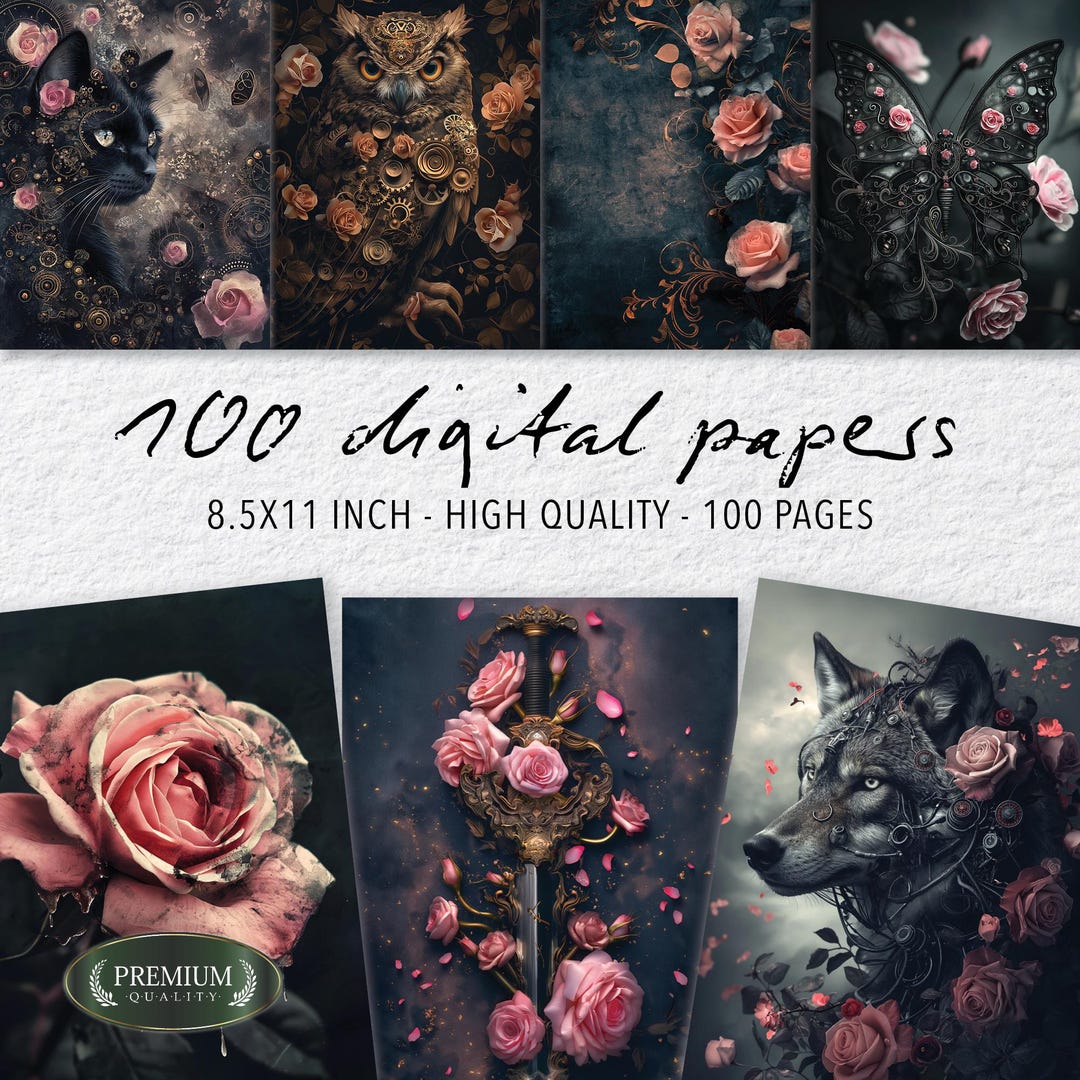 100 Gothic Floral Digital Paper, Dark Romantic Junk Journal Pages ...