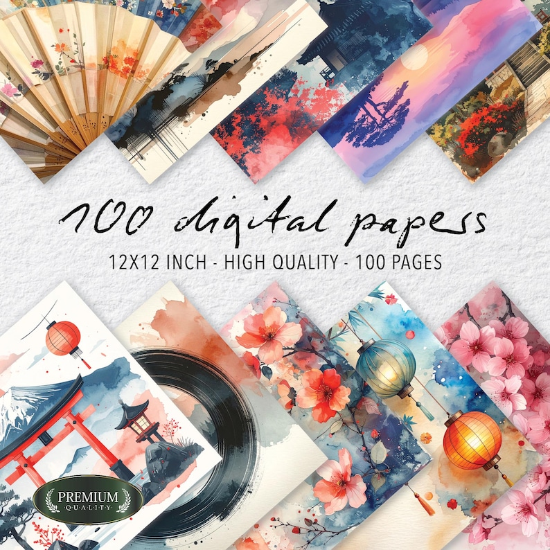 100 Japanese Digital Paper, Zen Garden Junk Journal Pages, Watercolor ...