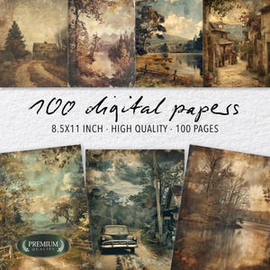 May include: A collection of 100 digital papers with vintage landscape art. The papers are 8.5x11 inches and high quality. The images feature scenes of nature, including forests, lakes, and roads, in a muted color palette.