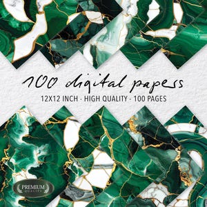 100 hojas de papel digital color oro esmeralda, páginas de álbum de recortes Kintsugi con efecto mármol, fondos de álbumes de recortes con efecto piedra de lujo, kit de arte de 12x12 pulgadas.