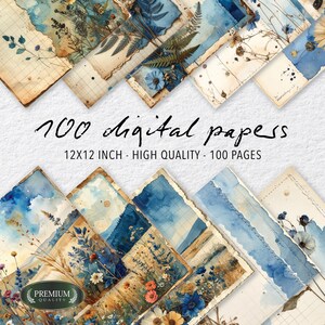 May include: A set of 100 digital papers, each 30.48cm x 30.48cm, with a watercolour design. The papers feature floral and landscape elements in shades of blue, beige, and brown. The text on the image reads "100 digital papers, 12x12 inch - high quality - 100 pages."
