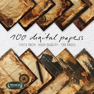 May include: A collection of 100 digital papers with a vintage aesthetic. The papers are 12x12 inches and feature aged textures, compasses, and maps. The text reads "100 digital papers" and "High Quality - 100 Pages".