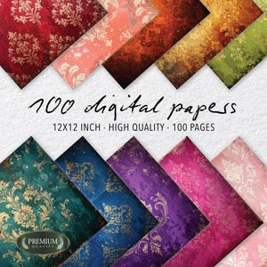 100 digitala vintage-damastpapper, utsmyckade skräpjournalsidor, lyxiga blommiga scrapbook-bakgrunder, klassiskt kungligt texturkit 12x12