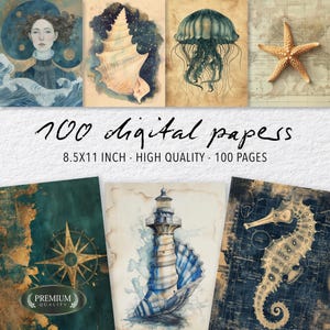 Könnte beinhalten: Eine Sammlung digitaler Papiere mit Aquarellillustrationen von Meereslebewesen und nautischen Themen. Die Bilder zeigen eine Frau, eine Muschel, eine Qualle, einen Seestern, einen Kompass, einen Leuchtturm und ein Seepferdchen. Der Text lautet "100 digitale Papiere 21,6x28 cm - hohe Qualität - 100 Seiten."