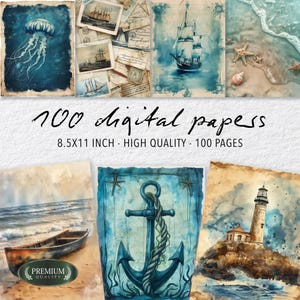 Könnte beinhalten: Eine Sammlung digitaler Papiere mit nautischem Thema. Die Papiere zeigen Aquarellillustrationen einer Qualle, Segelbooten, einem Anker, einem Leuchtturm und einem Boot am Strand. Der Text lautet "100 digitale Papiere" und "8,5x11 Zoll - hohe Qualität - 100 Seiten."